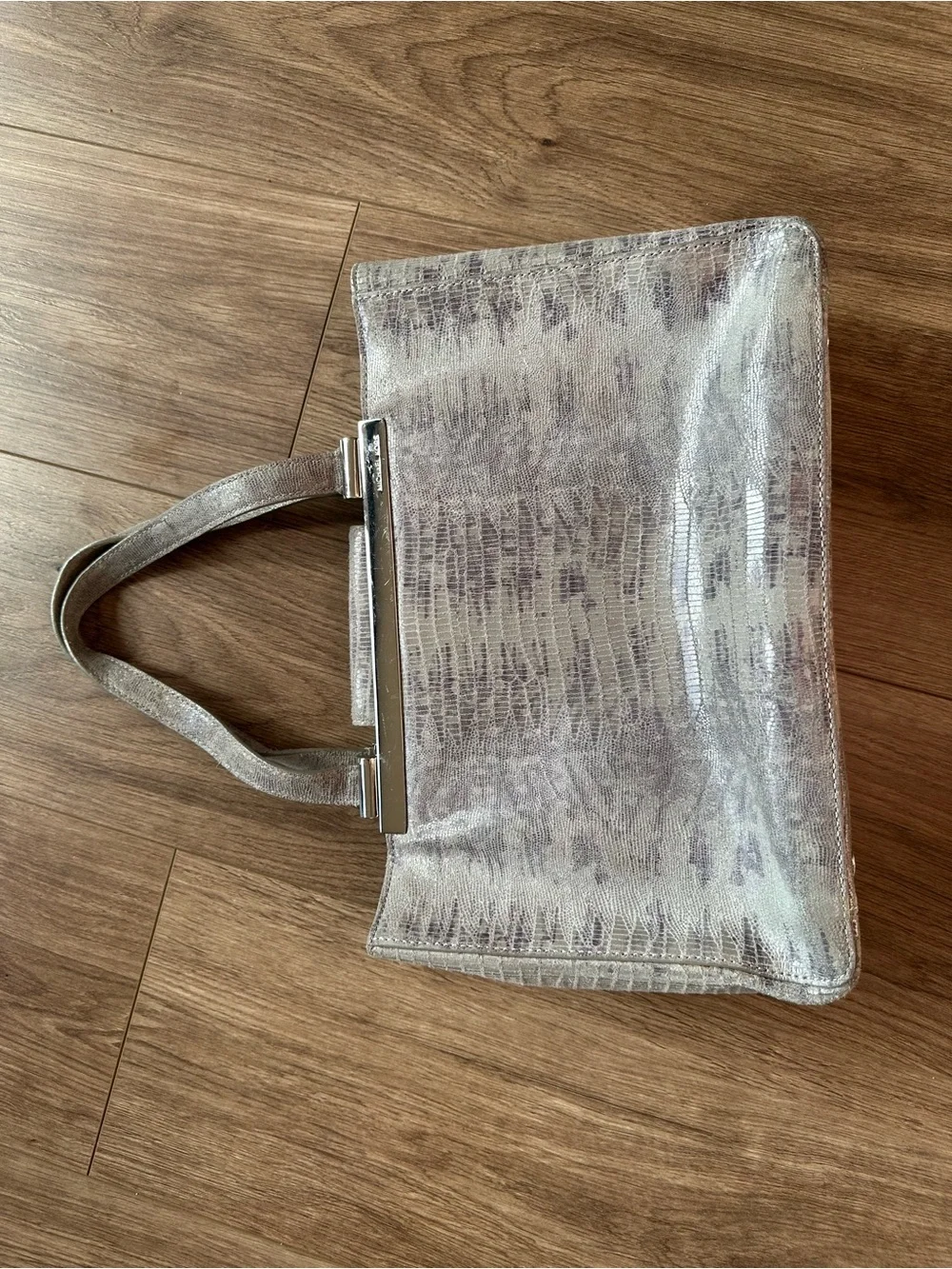 Michael Kors Metallic Silver Embossed Leather Tote Handbag